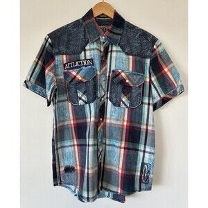 Men’s Affliction Y2K Grunge Plaid Pearl Snap Short Sleeve Medium